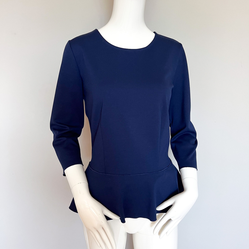 Ann Taylor Peplum Top Navy Blue 3/4 Sleeve Size M Stretch